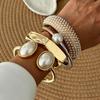 Two-Tone Oval Pearl Open Edge Bangle Set - European & American Casual Jewelry