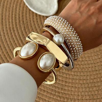 Two-Tone Oval Pearl Open Edge Bangle Set - European & American Casual Jewelry