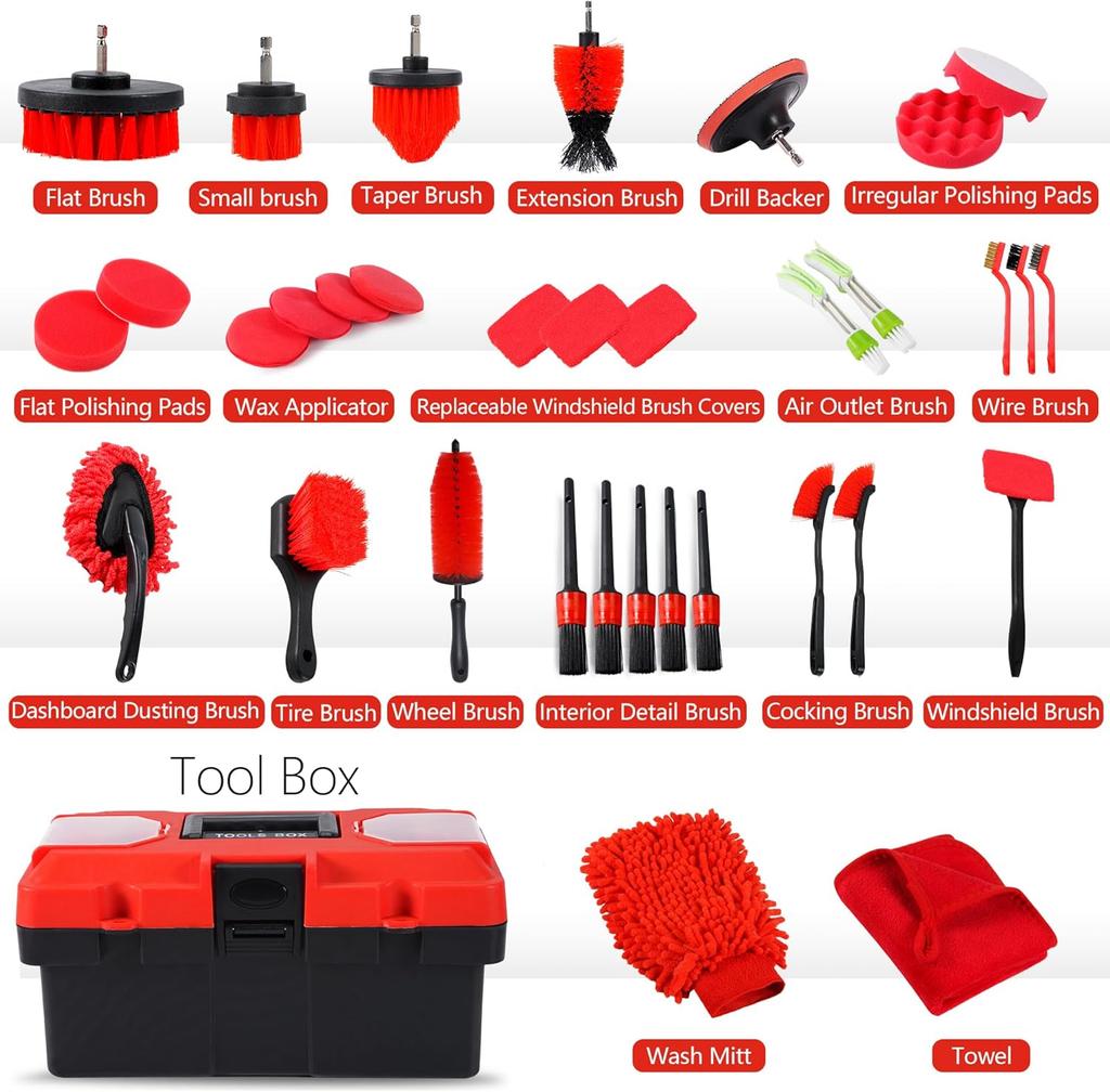 35Pcs Car Detailing Kit, Drill Brush Attachments with Detailing Brush Set and Tools Box, Red Auto Cleaning Kit Interior for Wheels Dashboard Windows