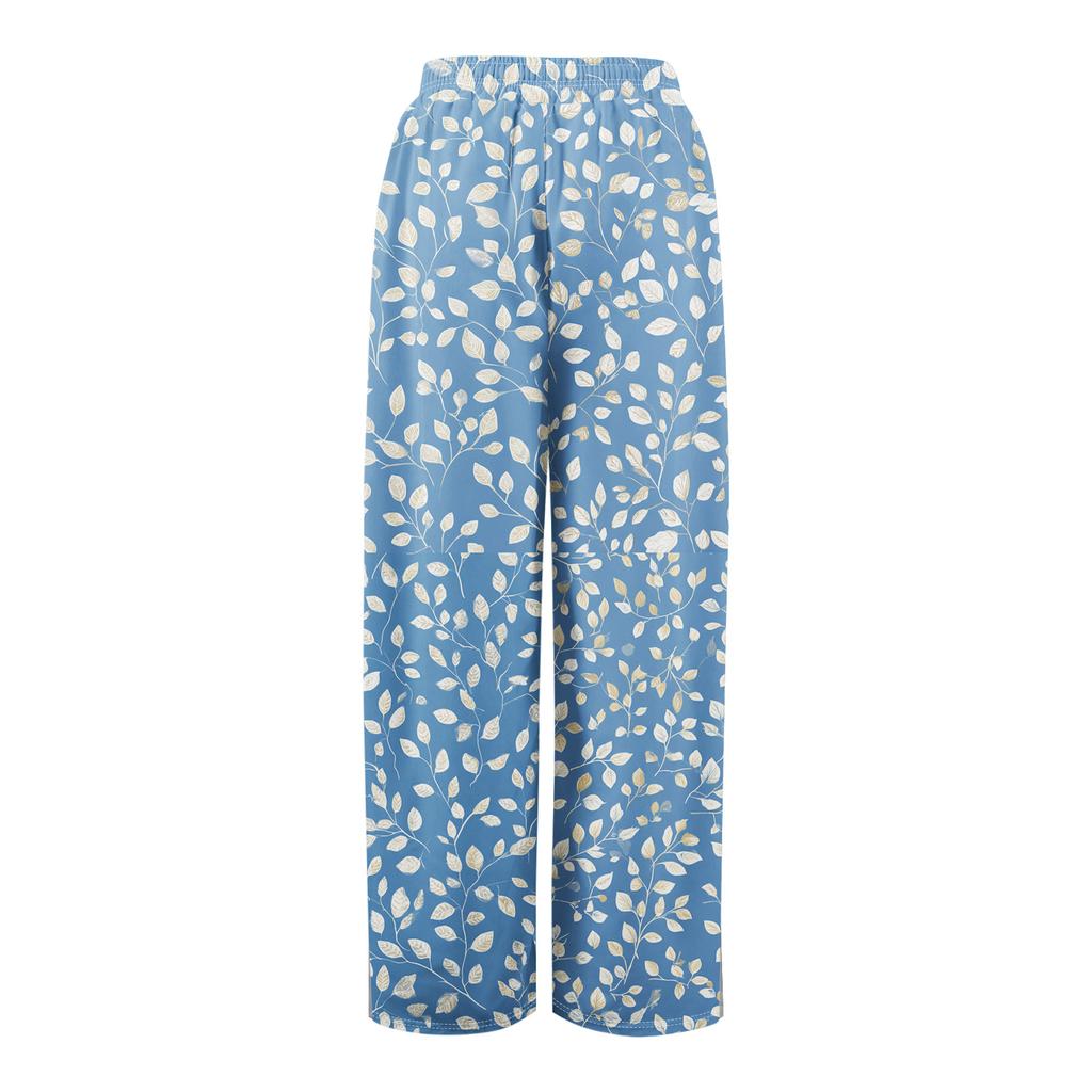 Damen Sommer Boho Palazzo Hose Hohe Taille Weites Bein Blumendruck Freizeithose Mit Taschen