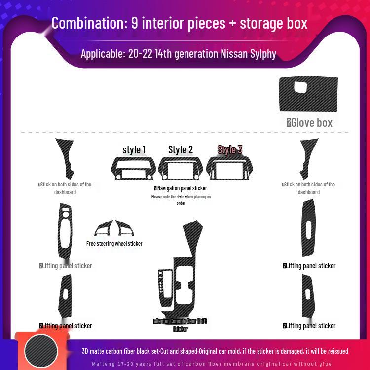 14th Gen Sylphy Interior Carbon Fiber Decals: Center Console & Anti-Kick Door Protectors (2020-2022)