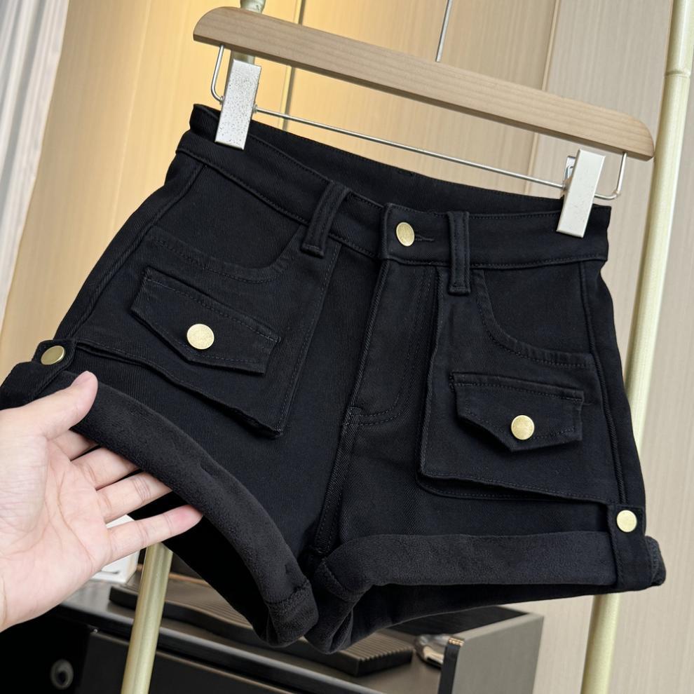 Autumn/Winter Plus Velvet High-Waisted Slimming A-Line Denim Shorts with Rolled Hem and Cargo Style