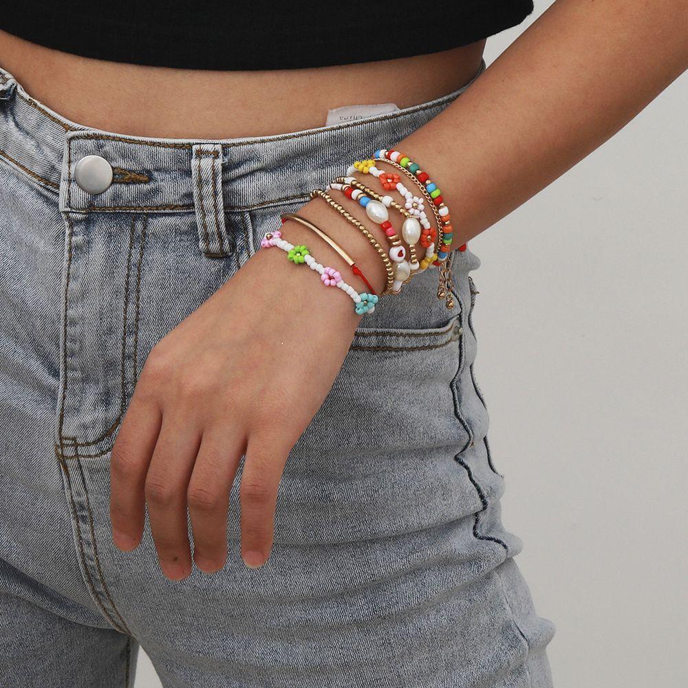 

Sweet Flower Multilayer Women Bohemian Acrylic Rope Bangles Fashion Jewelry Beaded Bracelet Sets
