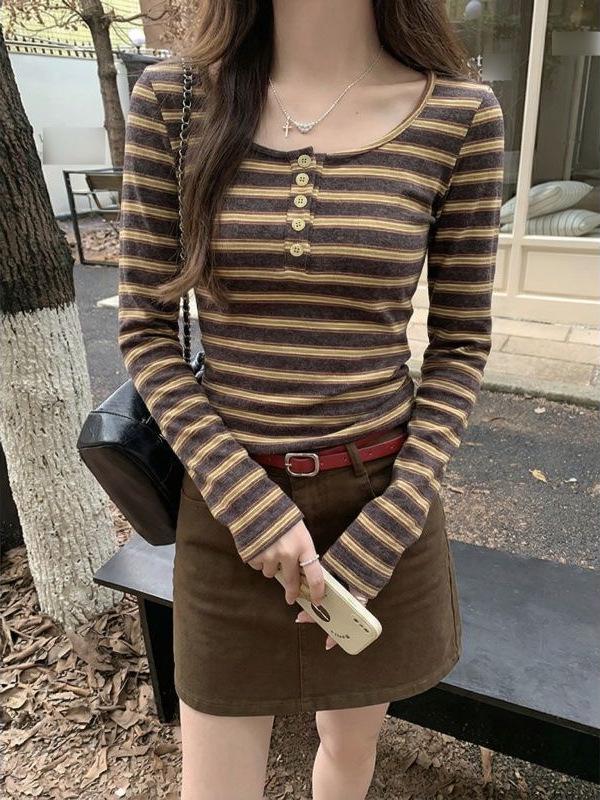 Women's Coffee Striped Button-Up T-Shirt: New Autumn/Winter, Low U-Neck, Slim-Fit, Brushed Fabric, Long-Sleeve.