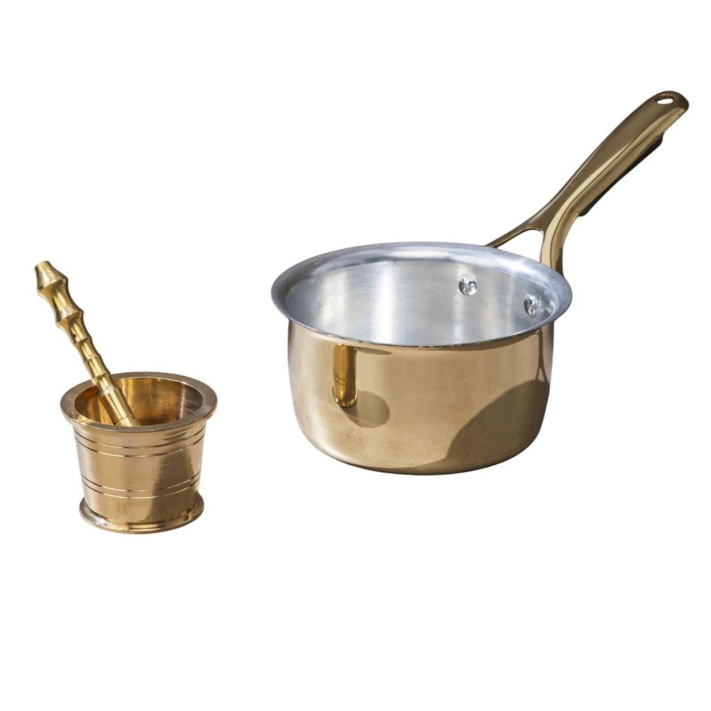Brass Saucepan & Mortar and Pestle Set, P-TAL