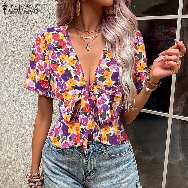 

ZANZEA Летняя женская блузка с цветочным принтом и коротким рукавом с глубоким V-образным вырезом, уличная одежда