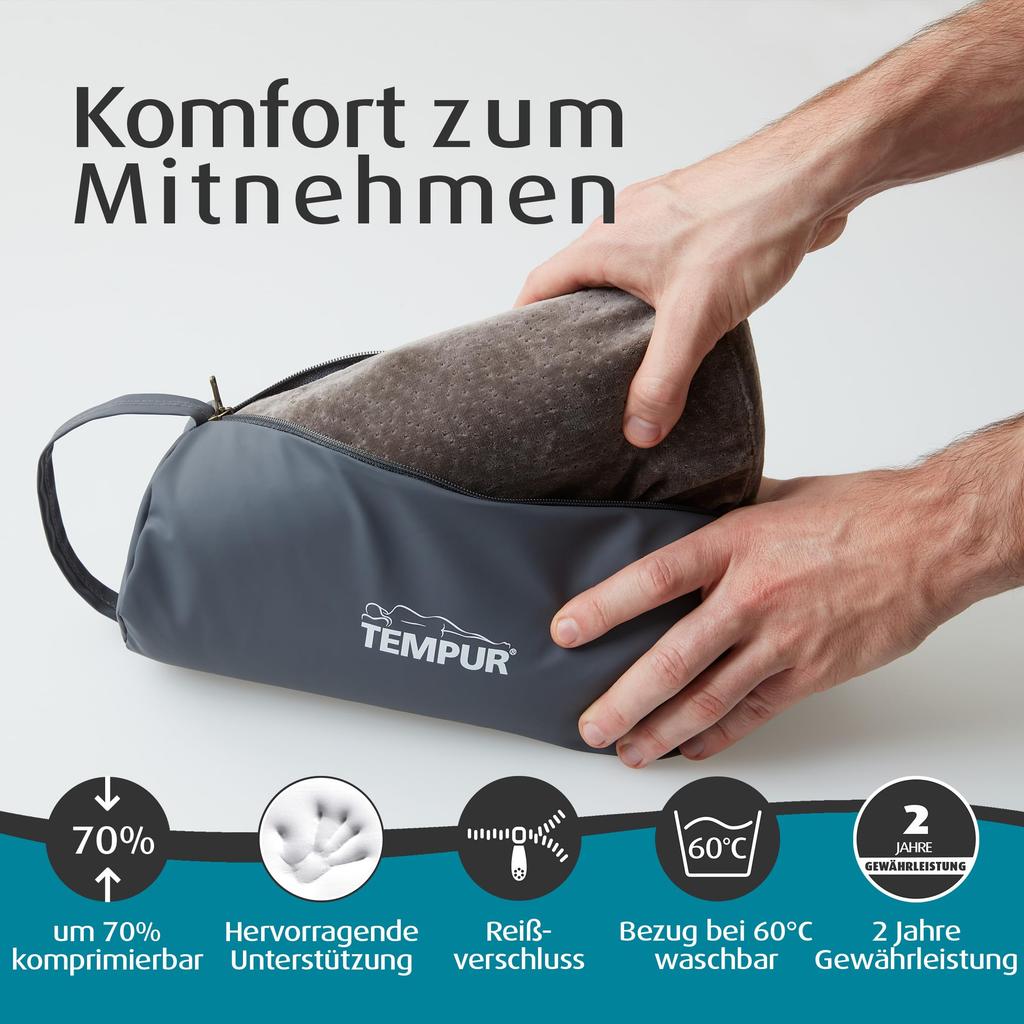Tempur Travel Pillow with Dedicated Height (Portable Pillow) Pouch, Gray, 3-Year Manufacturer's Warranty, 10-7cm