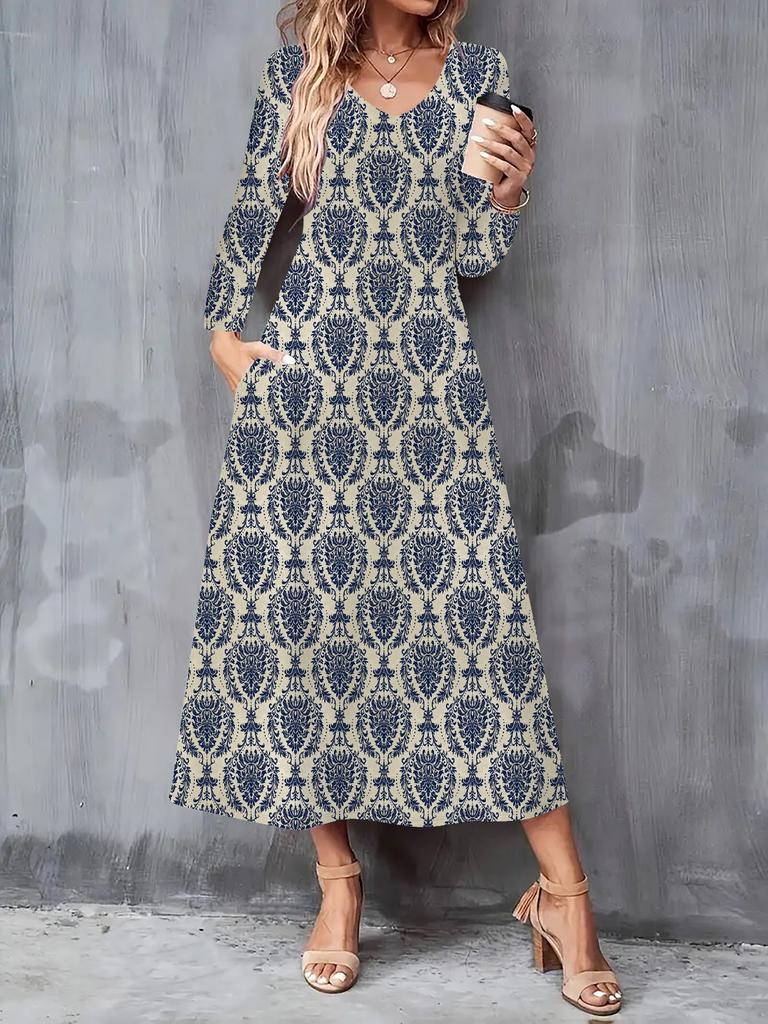 2025 Autumn and Winter New Women Casual Fashion Dress 3D Retro Pattern Print  Long Sleeve V-Neck A-Line Dresses