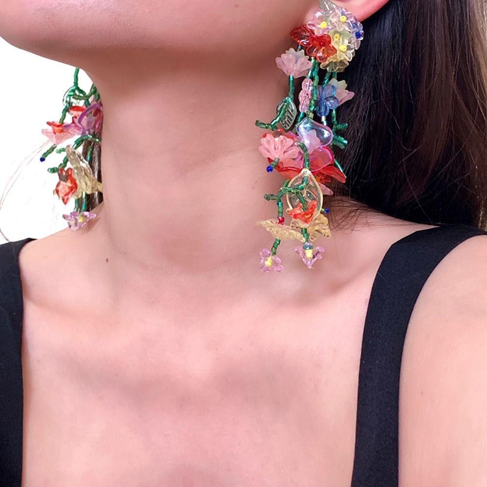 Handmade Colorful Flower Tassel Earrings Rural Style Jewelry Crystal Beaded Tassel Earrings Alloy Beaded