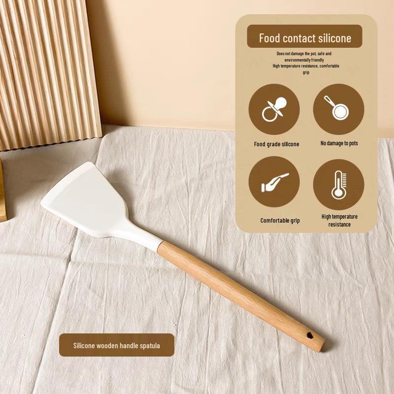 Silicone Spatula & Ladle Set with White Wood Handles - Non-stick Kitchenware for Stir-fry & Baby Food