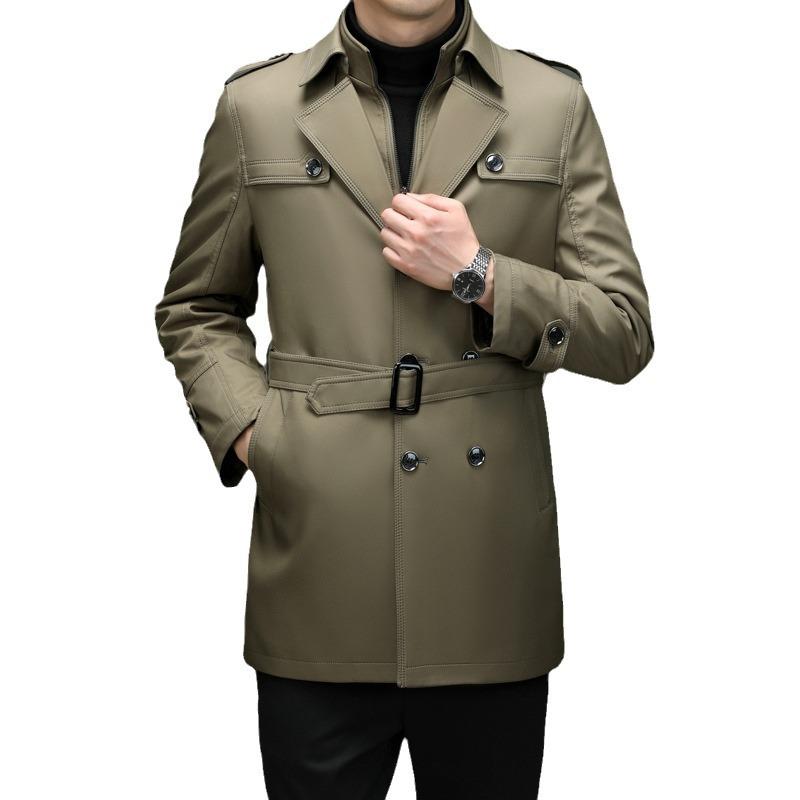 Winter Neuer Herren Trenchcoat Mittel und Lang Anzugkragen Zweireihig Gürtel Slim-fit Baumwolle Abnehmbarer Trenchcoat