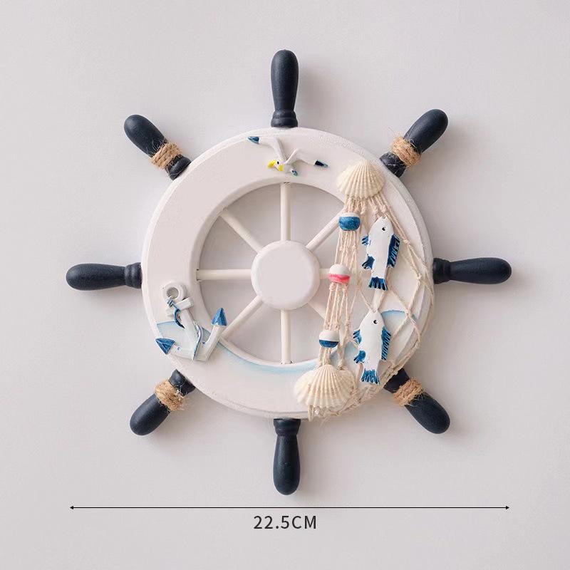 23cm Mediterranean Helmsman Figurine Wall Decoration - Wooden Ship's Wheel Craft