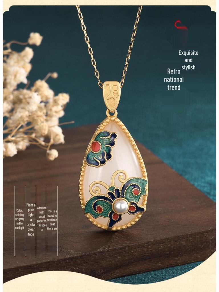 Cloisonné Enamel Necklace with 24K Gold-Plated Copper and Imitation Hetian Jade Pendant: Chinese Style Qipao Hanfu Accessory