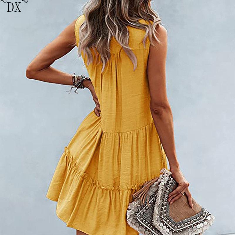 DX~~2023 Summer Europe and America V-neck Sexy Solid Color Dress Irregular Splice Sleeveless Commuter Big Swing Dress Women