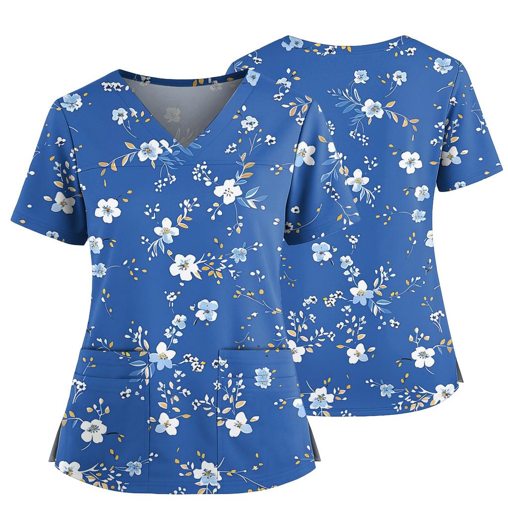 Women's Casual Printed V-Neck Pocket Side Slit Short Sleeved Top Short Sleeved Top