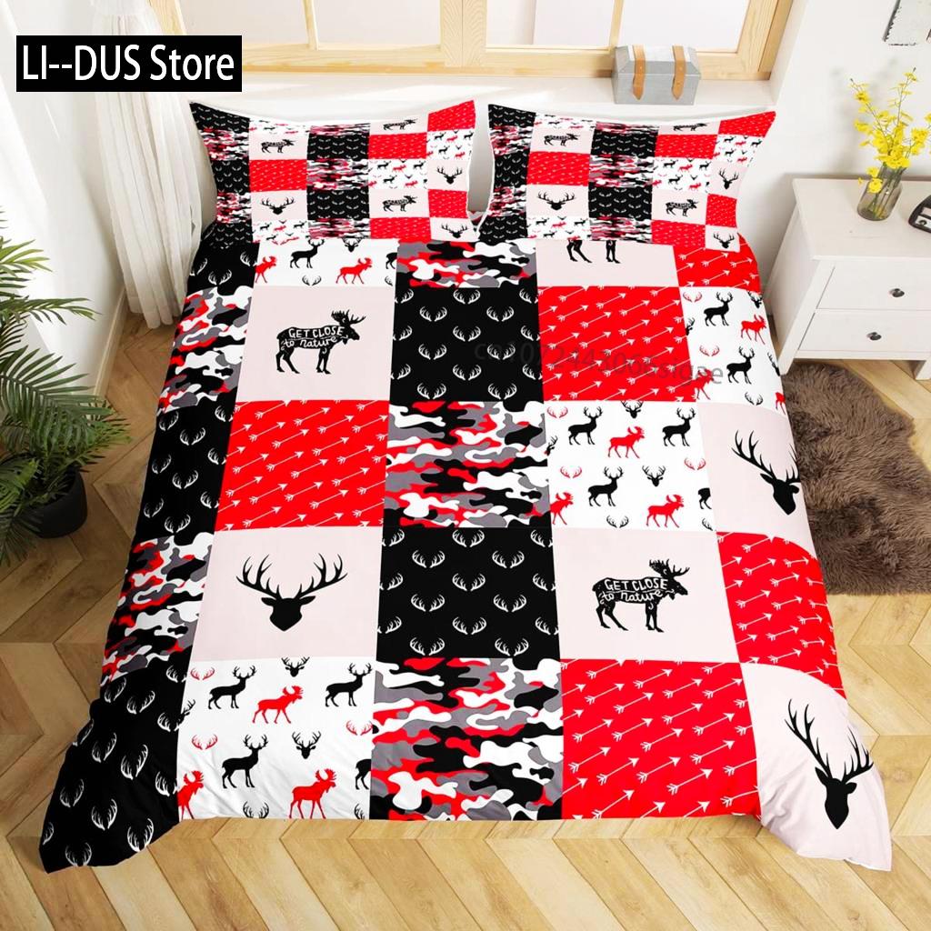 Kamo Jelen Povlečení Set Parohy Šíp Vzor Ložní Set Pruhy Mřížka Kamufláž Přikrývka Mikrovlákno King Přikrývka