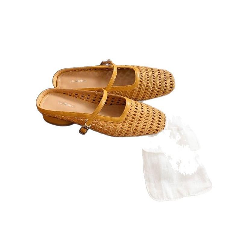 Retro Woven Hollow Square Head with Thick Heel Sandals Muller Half Slippers Women's Summer New