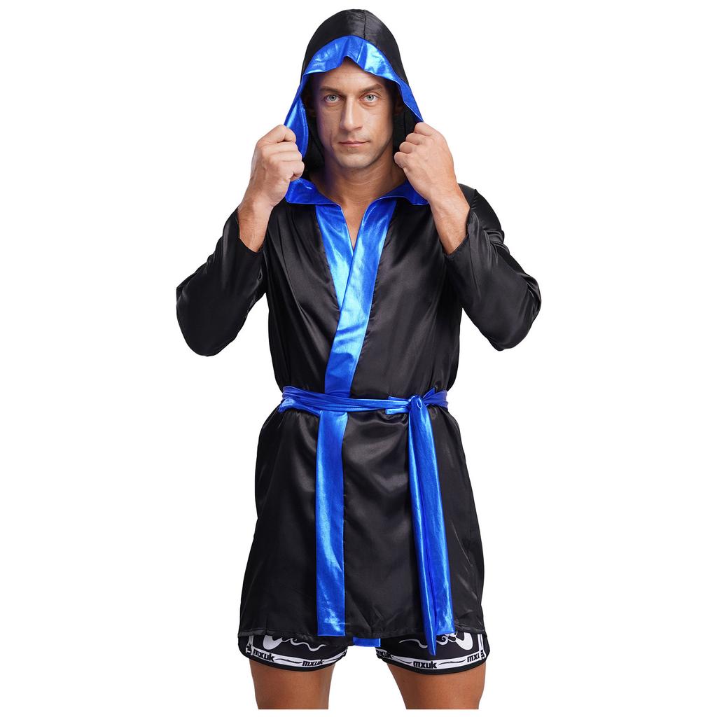 Mens Satin Hooded Cloak Shiny Trim Open Front Belt Boxing Robe