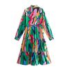 Women Slash Long Sleeve Midi Dress Green Print Shirt Dress