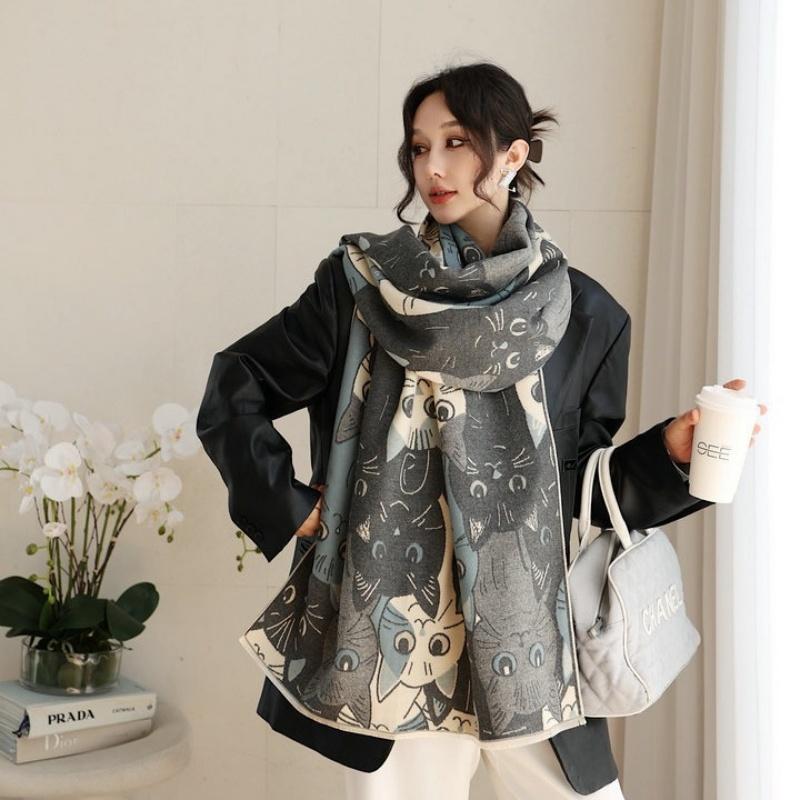 Cute Big-Eyed Cat Winter Scarf Cashmere Women Pashmina Design Wrap Female Thick Blanket Soft Bufanda Warmth Shawl Kerchief