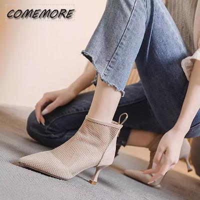 2025 New Women’s Mesh Sandals Boots Sexy Summer High Heels Holllow Out Breathable Casual Shoes Ankle Botas Back Zip Pointed Toe