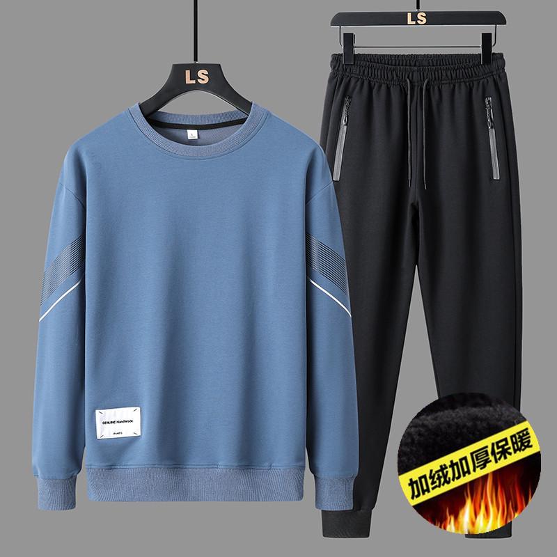 Men's 2024 Spring/Autumn Casual Sports Suit: Round Neck Sweatshirt Set with Plus Velvet