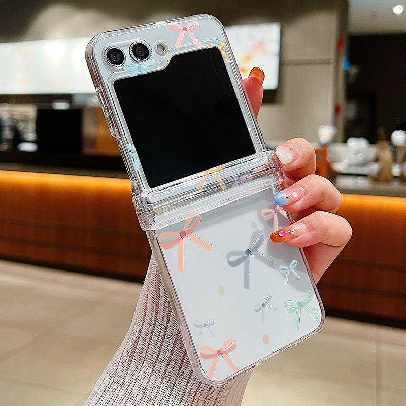 For Samsung Galaxy Z Flip6 Flip5 Flip4 Flip3 3PCS Folding Bowknot Cherry Pattern Transparent Hard Plastic Slim Phone Case Cover