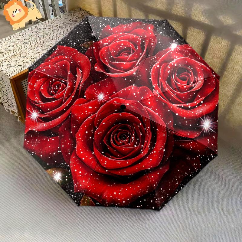 1 PC Automatic Folding Umbrella - Red Roses Pattern, Portable & Foldable Design with 8 Ribs, Christmas Birthday Gifts