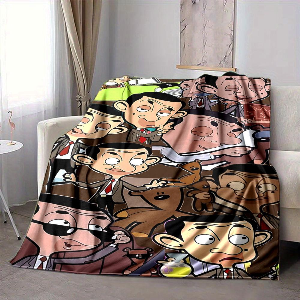 1pc Mr. Bean Adventures Flannel Throw Blanket HD Printed Lightweight Soft Warm All Season Blanket for Sofa, Bed, Travel, Camping Machine Washable
