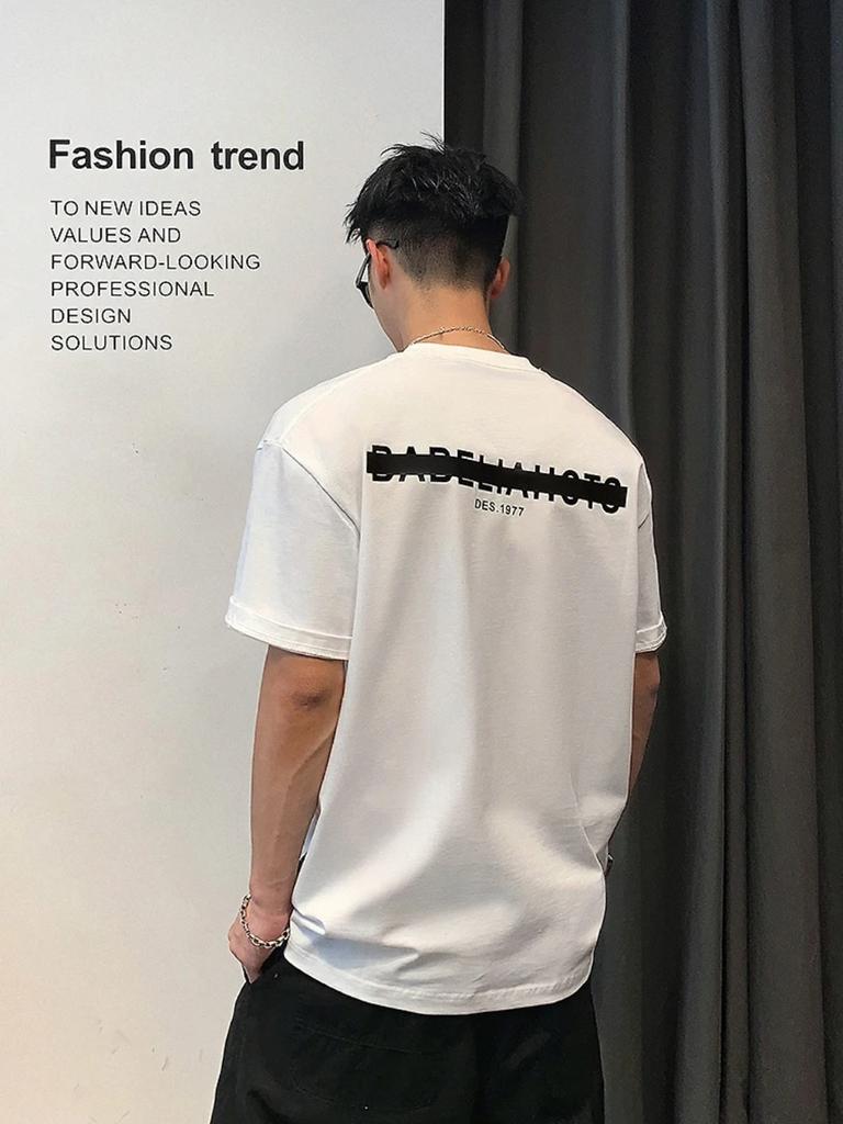 New Front and Back Letter Printed Short Sleeved Men's Summer Trend 100% Pure Cotton High-quality Round Neck Fitness T-shirt