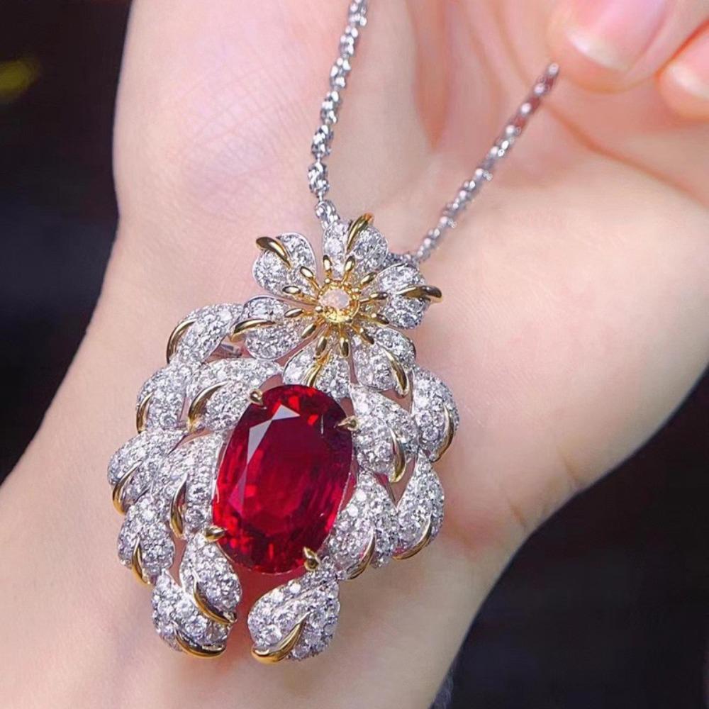 Exquisite Italian Vintage Pigeon Blood Ruby Necklace Brooch Two Way Design Aquamarine Emerald Gemstone Jewelry