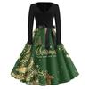 Women's Retro V-Neck Christmas Print Dress with Snowflake and Christmas Tree Pattern