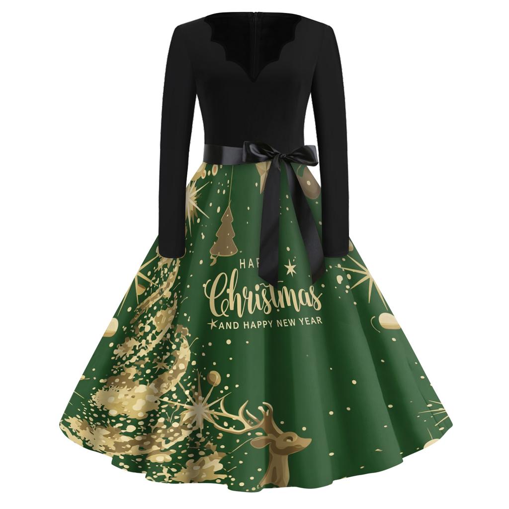 Women's Retro V-Neck Christmas Print Dress with Snowflake and Christmas Tree Pattern