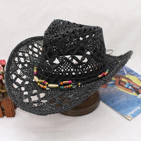 Ψάθα Καπέλο με Προστασία UPF 50+ Ρυθμιζόμενο Λουράκι Πηγουνιού Διακόσμηση με Χάντρες Διάτρητο Σχέδιο Αναπνεύσιμη Πλέξη Ρετρό Ντένιμ Ψάθα Καπέλο