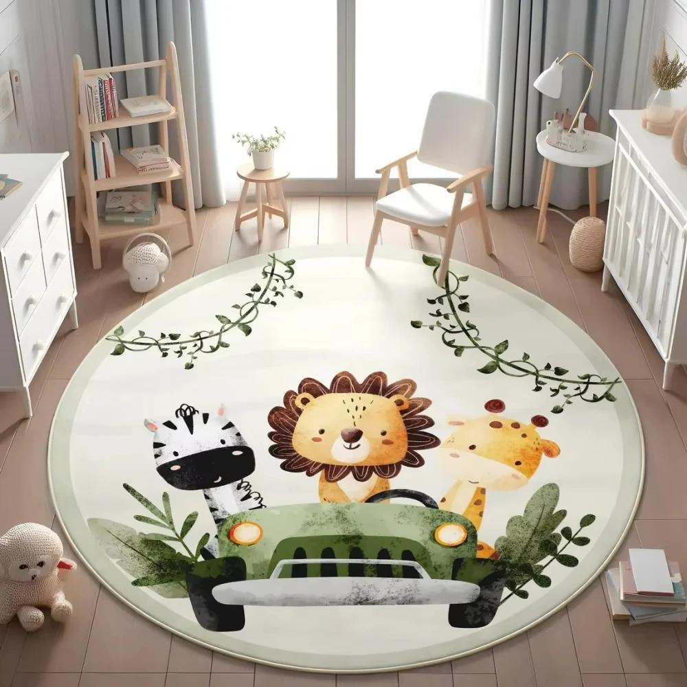 

Circular Carpet Zoo Giraffe Elephant Lion Printed Rug Children s Bedroom Bedside Non Slip Foot Mat Home Decoration 60cmx60cm