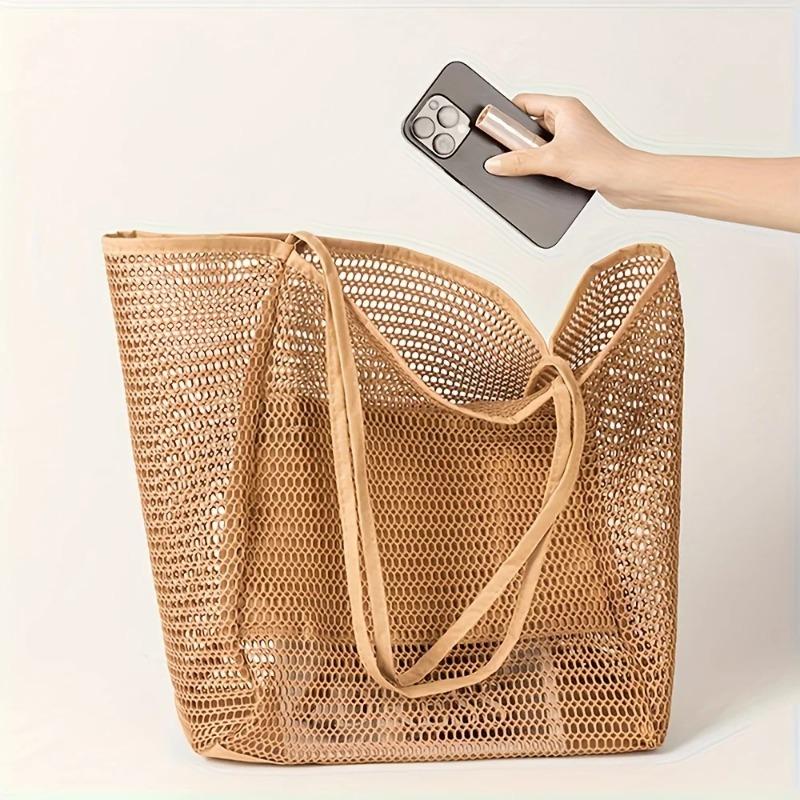 Women'S Large Capacity Beach Tote Bag Durable Polyester Woven Shoulder Bag Open Top For Travel Shopping Foldable Mesh Handbag