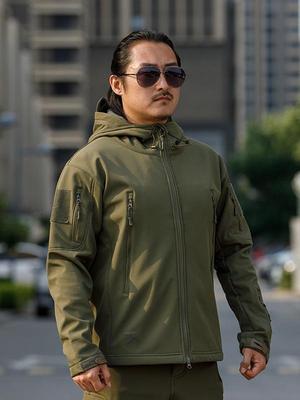 Taktická maskáčová bunda s kapucí Sharkskin - Podšitá fleecem, silný softshell pro horolezectví.