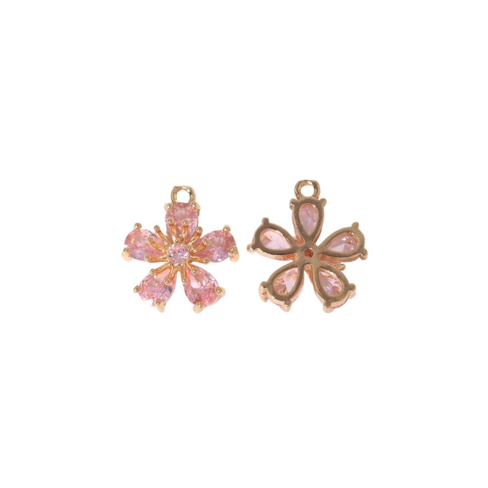 Pink Zirconia Flower Copper Charms, Golden Plated DIY Jewelry Pendants for Earring Necklace Craft