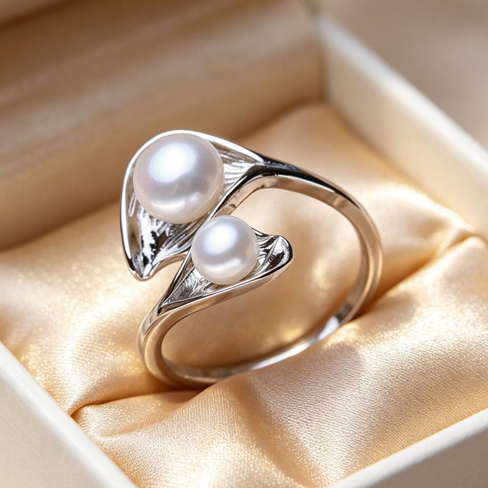 Double Natural Freshwater Pearl Rings For Women Fashion Female Ring Pearl Jewelry Adjustable Ring