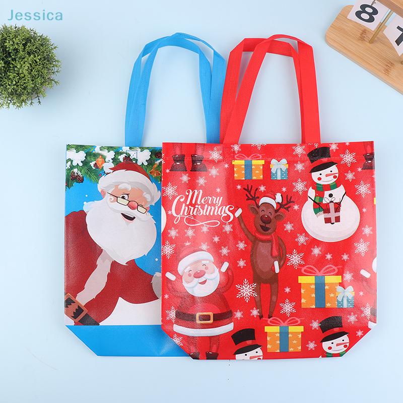 10Pcs Christmas Reusable Tote Bag - Santa/Reindeer/Snowman Print Shopping Bag For Holiday Gift Wrapping & Daily Use
