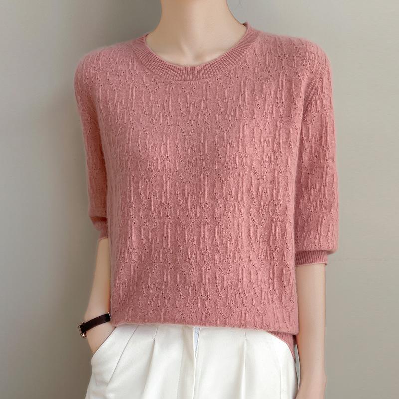 Spring New Knitted Sweater Women's Short-sleeved Crew Neck Pullover Carved Thin Five-quarter-sleeved Top Large-size Bottoming Shirt