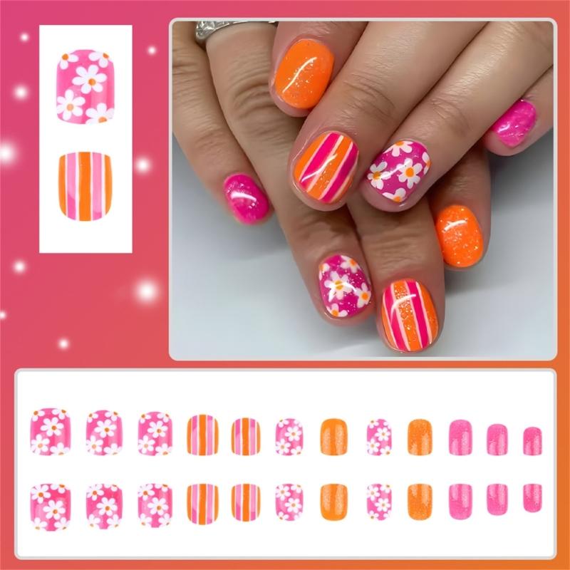24pcs Short Square Acrylic Press On Nail With Flower Pattern For Women Full Coverage Glossy Finish False Nail