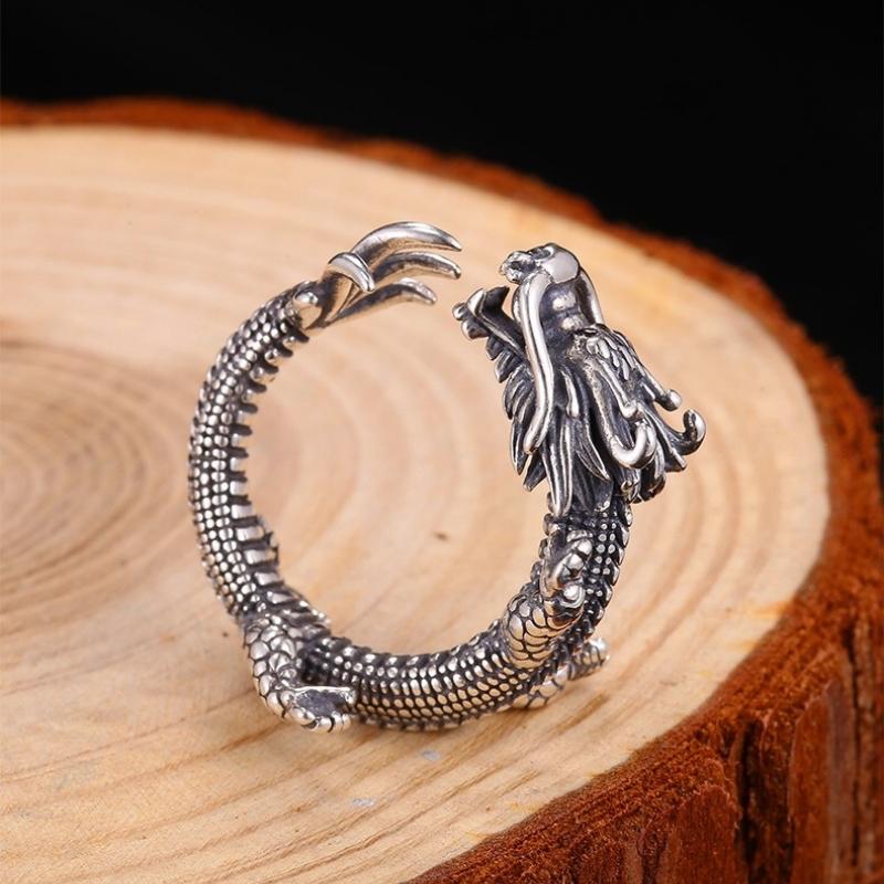 Buyee 925 Sterling Silver Unique Male Ring Finger for Women Men Fashion Chinese Dragon Animal Rock Punk Fine Jewelry Circle