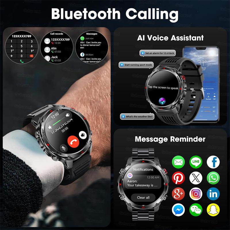 2026 Nuovo Smartwatch Militare con Chiamata Bluetooth GPS Integrato Bussola Altimetro Barometrico Impermeabile 30ATM Smartwatch con Chiamata Bluetooth per Uomo