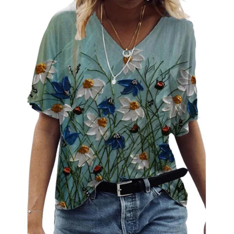 New Abstract Patterns T-Shirts Floral Flower 3D Print Women's V-Neck Short Sleeve T Shirt Y2K Tees Harajuku Tops Female Clothing