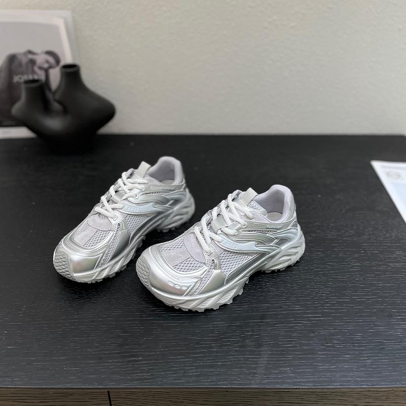

Small 5cm muffin thick sole 2025 autumn new mesh German training matte leather sports women s casual dad shoes 35 серебряный