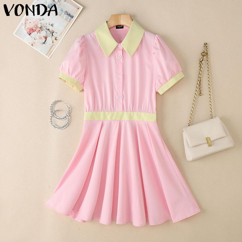 

VONDA Summer Women Lapel Neck Short Sleeve Stitching Casual Pleated Dress M розовый