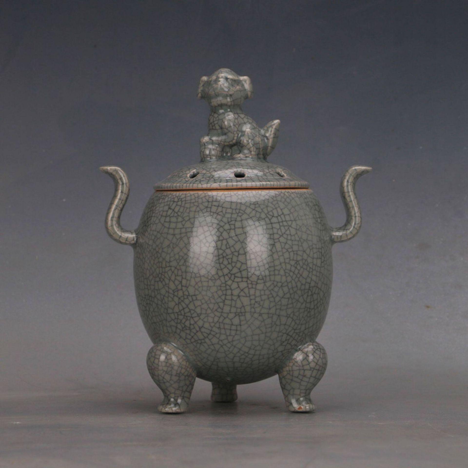 Ru Kiln Celadon Glaze Crackle Lion Double-Ear Incense Burner, Three-Legged, Literati Plaything, Antique Porcelain Display Replica.