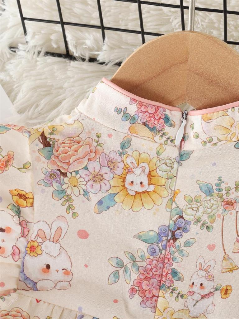 Sommer Baby Mädchen Cartoon Hase & Sonnenblume Cheongsam Kleid mit Flatterärmeln