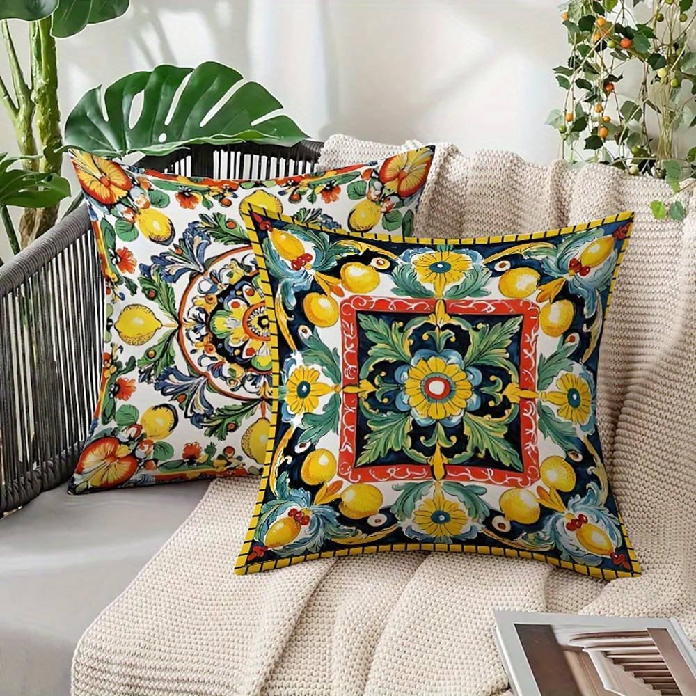 1/4pcs 2D Flat- Bohemian Sicilian Lemon Floral Throw Pillow Cover Home farmhouse outdoor decoration cushion cover